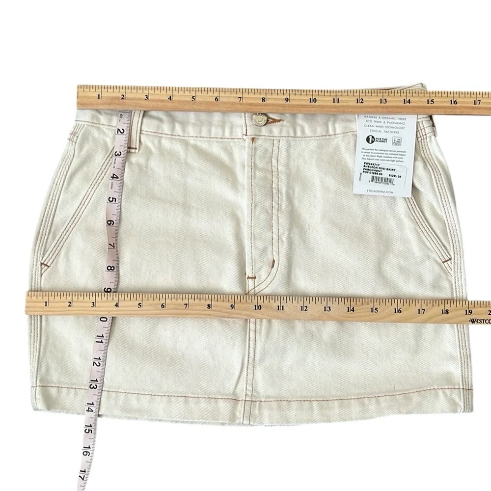 NWT Etica Sheldon Button Fly Denim Mini Skirt Parchment Size 28 Reg. $228 - Picture 8 of 9